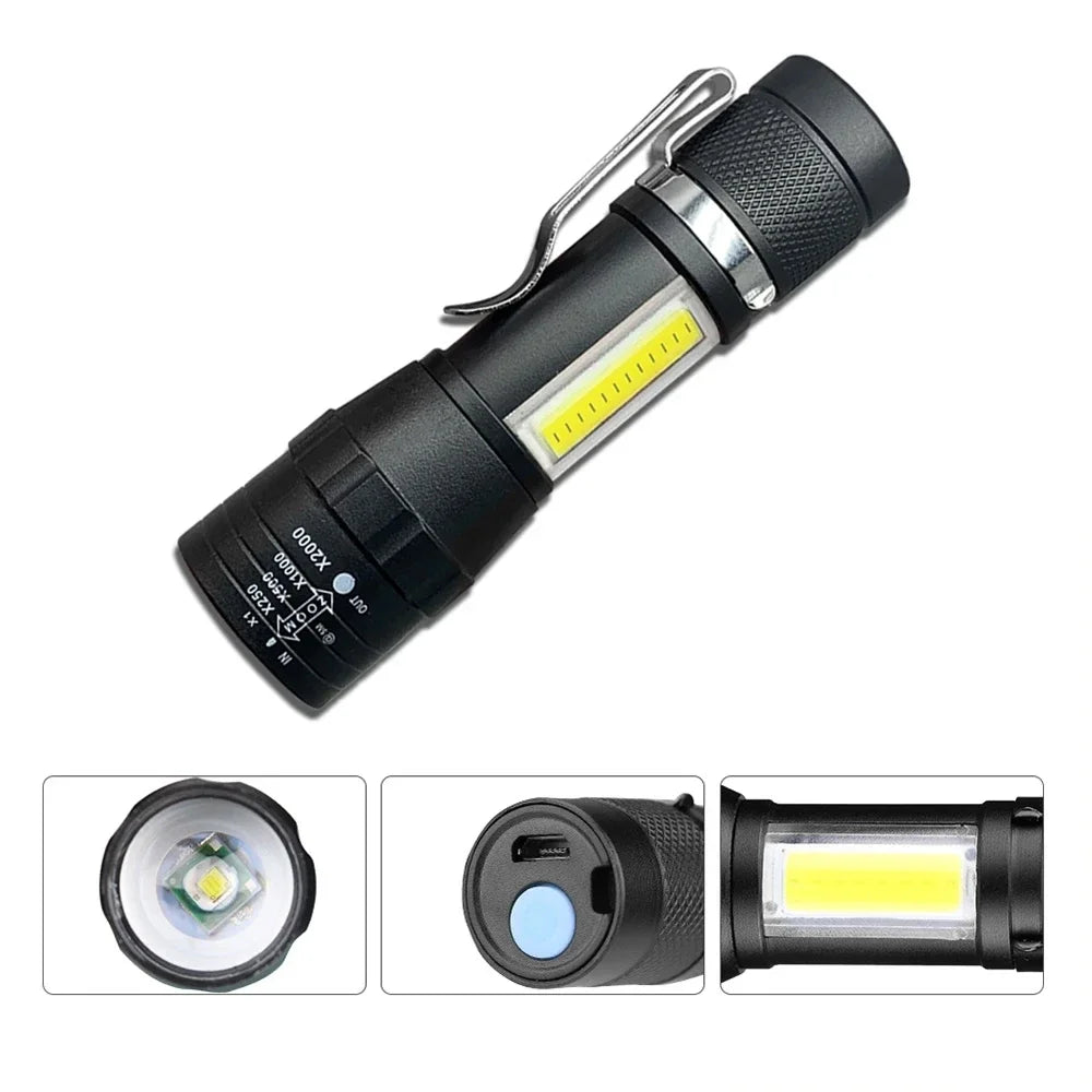 USB Rechargeable Mini Flashlight COB+XPE Portable Built-In Battery Zoomable Small Torch 3 Mode Camping Emergency Flashlights