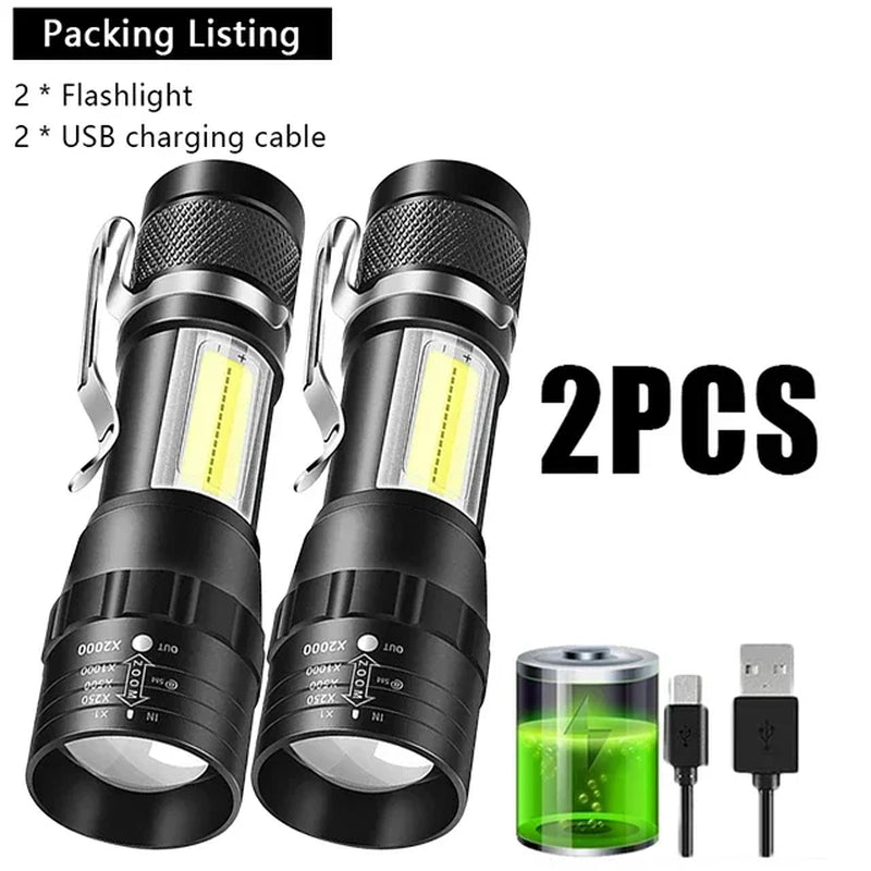 USB Rechargeable Mini Flashlight COB+XPE Portable Built-In Battery Zoomable Small Torch 3 Mode Camping Emergency Flashlights