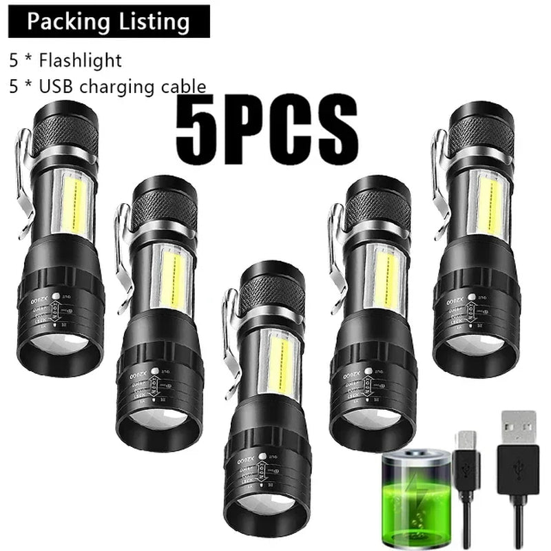 USB Rechargeable Mini Flashlight COB+XPE Portable Built-In Battery Zoomable Small Torch 3 Mode Camping Emergency Flashlights