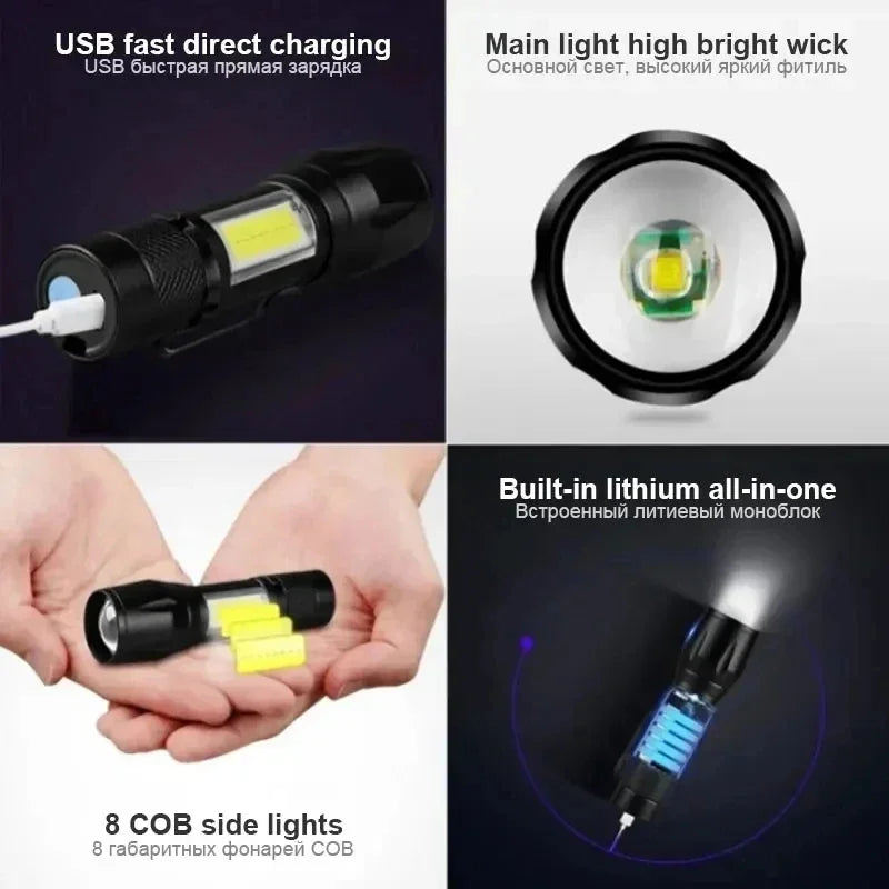 USB Rechargeable Mini Flashlight COB+XPE Portable Built-In Battery Zoomable Small Torch 3 Mode Camping Emergency Flashlights
