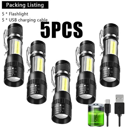 USB Rechargeable Mini Flashlight COB+XPE Portable Built-In Battery Zoomable Small Torch 3 Mode Camping Emergency Flashlights
