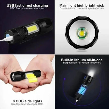 USB Rechargeable Mini Flashlight COB+XPE Portable Built-In Battery Zoomable Small Torch 3 Mode Camping Emergency Flashlights